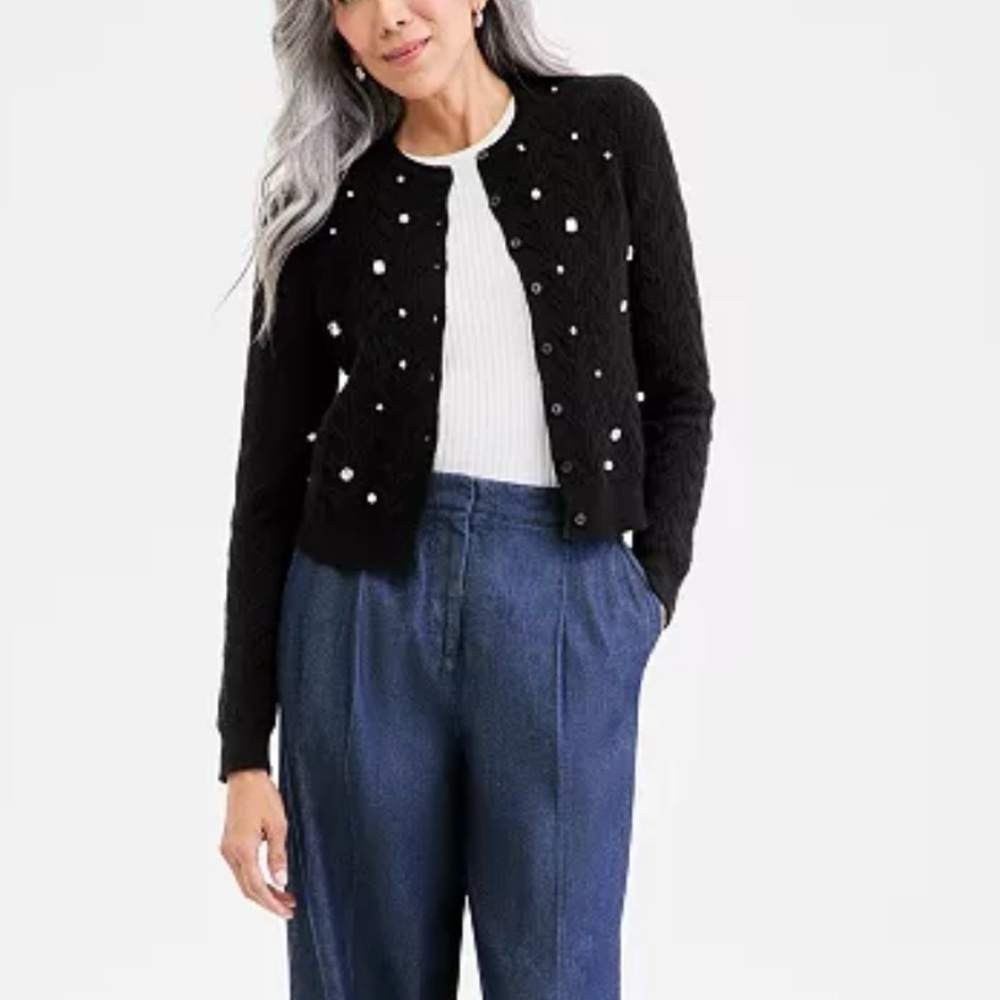 Charter Club 100% Cashmere Embellished Cable-Knit Cardigan in Black Size XL - Picture 2 of 7